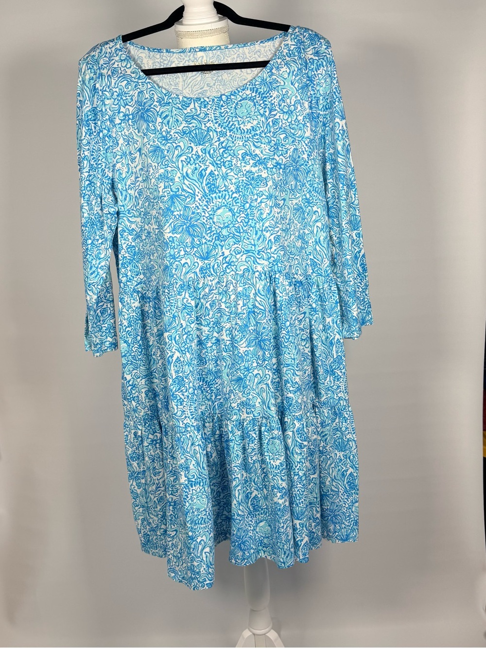 Lilly Pulitzer Blue Go Your Own Wave Monkeys Sun Shells 3/4 Sleeve Dress XXL